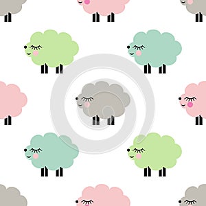 Cute smiling lambs seamless pattern on white background.