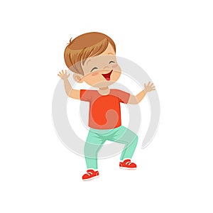 Cute smiling little boy dancing in casual clothes vector Illustration on a white background