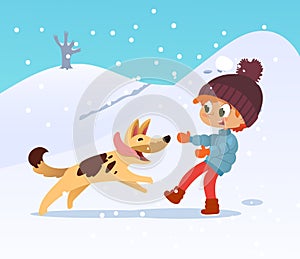 Cute smiling little boy playing with the dog at the neighborhood in winter. Boy and his friend dog running through the