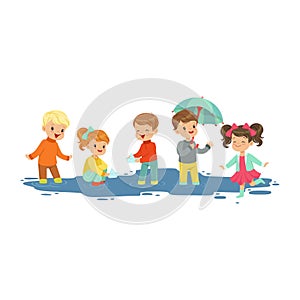 Cute smiling little boys and girls jumping and splashing through the puddles, kids playing in the rain cartoon vector