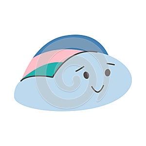 Cute smiling little cloud with rainbow crest. Kawaii blue happy cloudlet. Simple design for any purposes. Happy birthday, party,