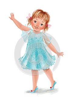 Cute smiling little girl in a beautiful blue dress on a white background. Hand-painted lovely baby with red hair. Nice
