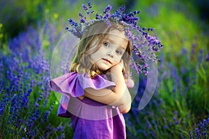 Cute smiling little girl with flower wreath on the meadow at the farm. Portrait of adorable small kid outdoors