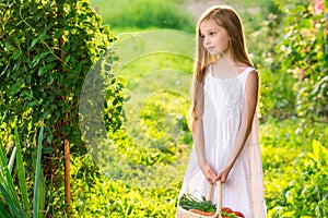 Cute smiling little girl holds basket with fruit and vegetables