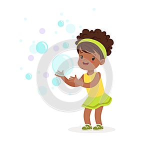 Cute smiling little girl playing bubbles vector Illustration