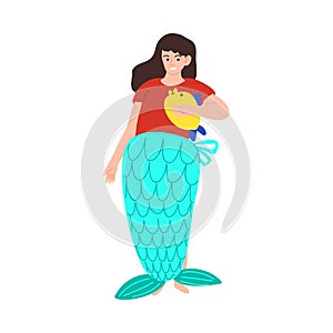 Cute smiling little girl standing in a fancy mermaid costume. Vector illustration in cartoon style.