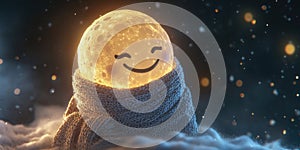 A Cute Smiling Moon Wrapped in a Tiny Glow with Stars for Dreamy Whimsical and Fantasy Design Projects photo