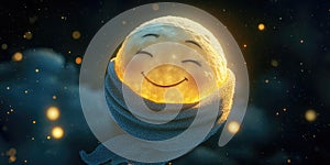 A Cute Smiling Moon Wrapped in a Tiny Glow with Stars for Dreamy, Whimsical, and Fantasy Design Projects photo