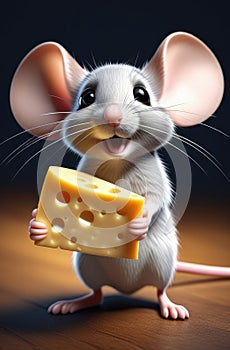 cute smiling mouse with big ears holding piece of cheese on dark background, funny character