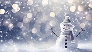 Cute smiling nowman in winter landscape with many dense snowflakes flying around.