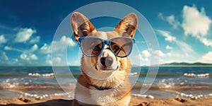 Cute Smiling Pembroke Welsh Corgi Dog Funny Expression in Sunglasses at the Beach. Generative AI