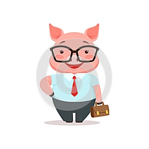 Cute smiling pig businessman, funny cartoon animal dressed in human clothes vector Illustration