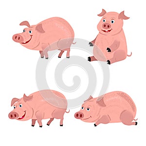 Cute smiling pigs playing in mud. Vector farm animal character set.