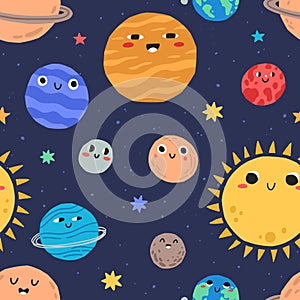 Cute smiling planets in outer space seamless pattern. Repeatable childish background with funny faces of celestial