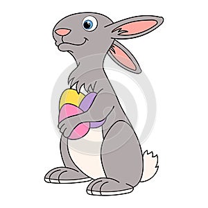 Cute smiling Rabbit holding Easter eggs. Cartoon character Hare. Template of farm animal. Education card for kids learning animals