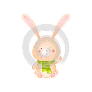 Cute smiling rabbit sitting in green scarf on his neck on white background