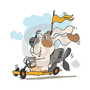 Cute smiling racer dog driving fast vehicle