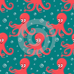 Cute smiling red octopus swimming underwater with water bubbles on tourquise seamless pattern. photo