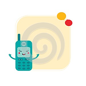 Cute smiling retro mobile phone character with vector square frame, card template, background