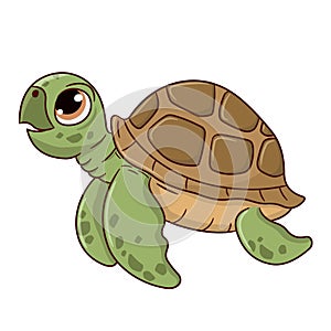 A cute smiling sea turtle cartoon style. It has green skin and a brown carapace