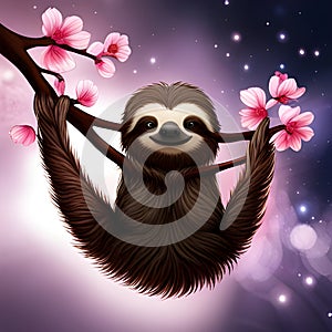 Cute, smiling sloth hanging from flowering tree