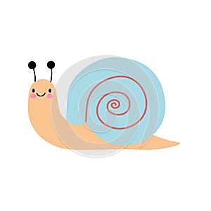 Cute smiling snail on white background. Concept of stickers of cute and funny insects and garden animals for children