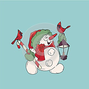 Cute smiling snowman with candy cane and Christmas lantern, card