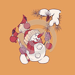 Cute smiling snowman with candy cane, decorating pine, bird