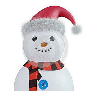 Cute smiling snowman in Santa hat, 3d render. Funny snowman face, close-up. Isolated on a white background