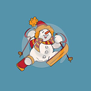 Cute smiling snowman in ski, happily jumping up to the sky