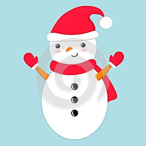 Cute smiling snowman wearing Santa hat, red scarf and mittens. Vector illustration, clip art element  for Christmas, New Year,