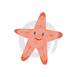 Cute smiling starfish isolated on white background. Happy underwater animal with eyes and mouth. Childish character