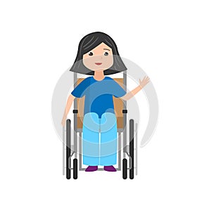 Cute smiling student girl in jeans stay in wheelchair