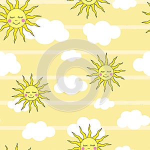 Cute smiling sun and clouds in the sky repeat vector seamless pattern