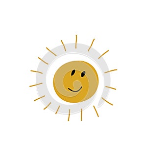 Cute Smiling Sun Icon Vector summer illustration for Kid Scandinavian Print or Poster. Cartoon Doodle Funny Sun Face