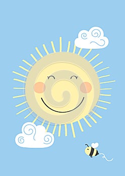 Cute smiling sun. Little bee and clouds