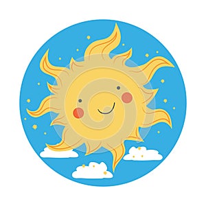 Cute smiling sun logo symbol sign. Childish logo design for kids. Sun and clouds in blue sky