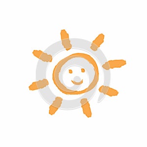 Cute smiling sun painted by hand with a rough brush. Grunge icon, logo, symbol. Sketch, graffiti, watercolor.