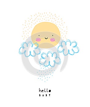Cute Smiling Sun Vector Illustration. Simple Print with Kawaii Style Yellow Sun nad Blue Rainy Clouds.