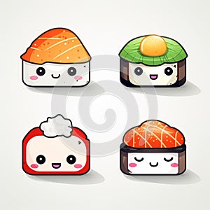 Cute Smiling Sushi Icons Design Set - Minimalist 2d White Background photo