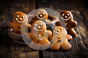 Cute smiling tasty homemade gingerbread men. Delicious cookies on a wooden table. Generated by AI