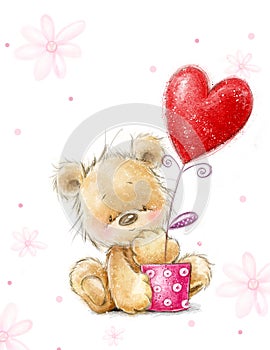 Cute smiling Teddy Bear in love with the big red heart flower. Valentines day postcard. Romantic feeling sketch