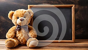 Cute Smiling Teddy Bear Near an Empty Blackboard with Copy Space - Generative Ai
