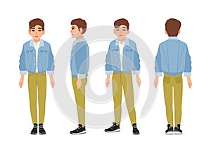 Cute smiling teenage boy, teen or teenager dressed in green jeans and denim jacket. Flat cartoon character isolated on