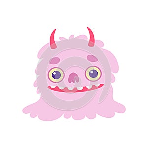 Cute Smiling Toothy Monster with Horns, Pink Fluffy Friendly Alien Cartoon Character Vector Illustration