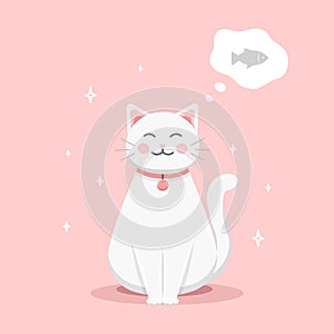 Cute smiling white cat dreaming of eating fish