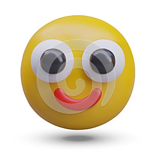 Cute smiling yellow emoticon in cartoon style. 3D vector model, front view