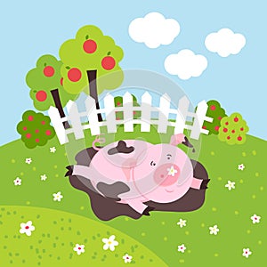 Cute smilling vector pig on a farm field