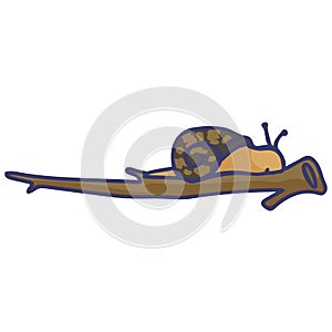 Cute snail on branch cartoon vector illustration motif set