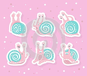 Cute Snail Character as Gastropod with Coiled Shell Vector Sticker Set